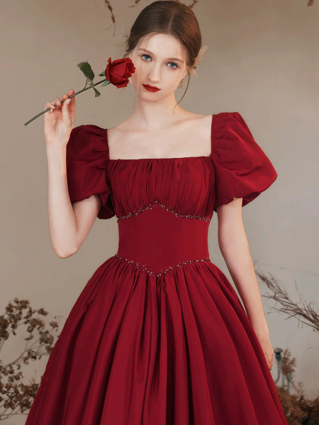 Shop 2023 ANNAKOO Burgundy Satin Puffy Sleeve Formal Evening Prom Dress Under 178