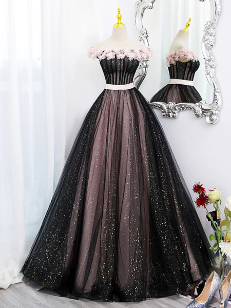 Shop 2023 ANNAKOO Black Tulle and Pink Flowers Sparkle Prom Dress Under 188
