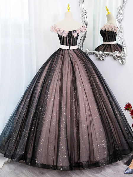 Shop 2023 ANNAKOO Black Tulle and Pink Flowers Sparkle Prom Dress Under 188