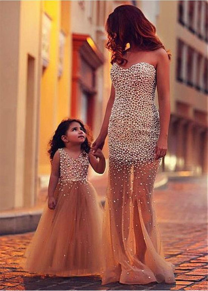 Champagne Tulle V-neck A-line Flower Girl Dress With Beadings