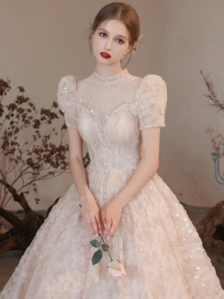 Shop ANNAKOO High Neck Beading Short Sleeve A Line Princess Prom Dress Under 225