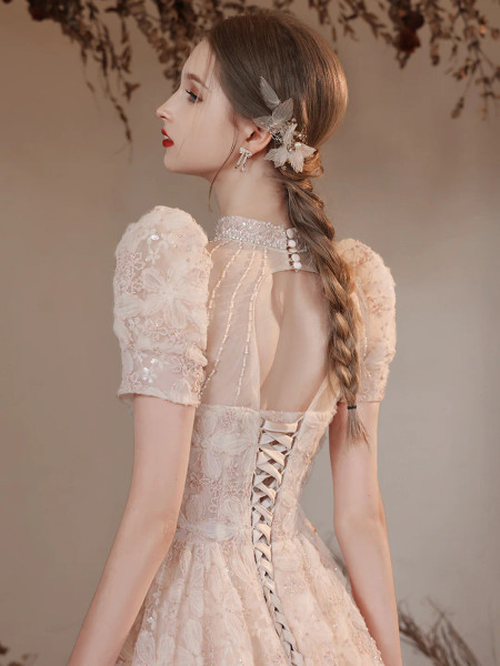 Shop ANNAKOO High Neck Beading Short Sleeve A Line Princess Prom Dress Under 225