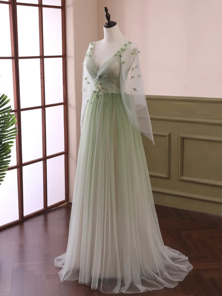 Shop 2023 ANNAKOO  Light Green Tulle Long Sleeve 3D Flower Prom Dress Under 168