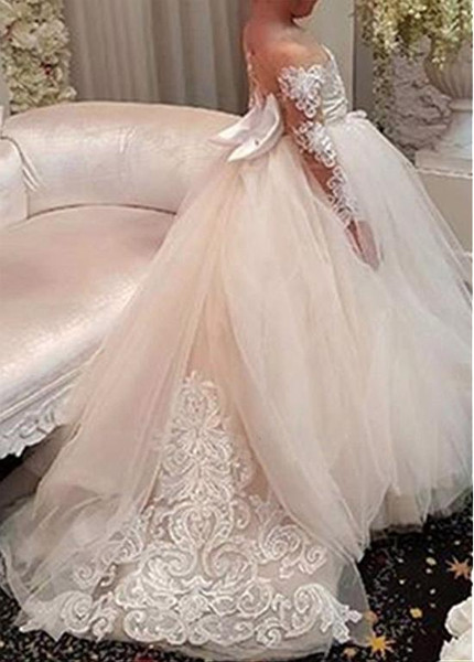 Long Sleeve Ball Gown Tulle Bateau Flower Girl Dress With Bowknot