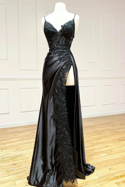 Shop 2023 ANNAKOO  Black Spaghetti Strap Satin Sheath Column Prom Dress With Slit Under 169
