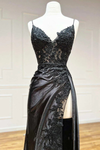 Shop 2023 ANNAKOO  Black Spaghetti Strap Satin Sheath Column Prom Dress With Slit Under 169