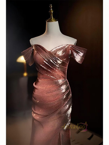 Shop 2023 ANNAKOO Coffee Sequin Pleat Trumpet Mermaid Prom Dress With Slit Under 138