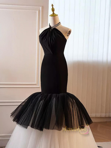 Shop 2023 ANNAKOO Halter Tulle Beading Mermaid Black And White Prom Dress Under 188