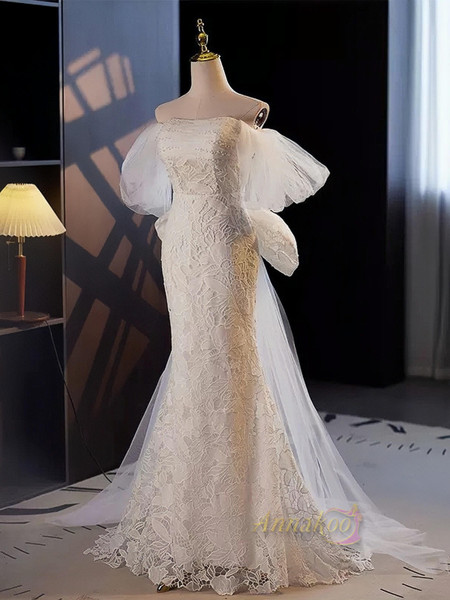 Shop Annakoo 2023 Off The Shoulder Lace Cap Sleeve Trumpet Mermaid Wedding Dress With Bow Under 156