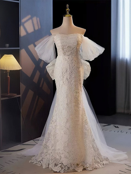 Shop Annakoo 2023 Off The Shoulder Lace Cap Sleeve Trumpet Mermaid Wedding Dress With Bow Under 156