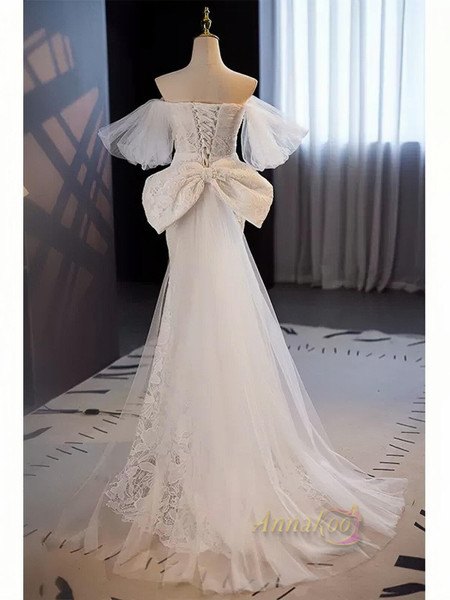 Shop Annakoo 2023 Off The Shoulder Lace Cap Sleeve Trumpet Mermaid Wedding Dress With Bow Under 156