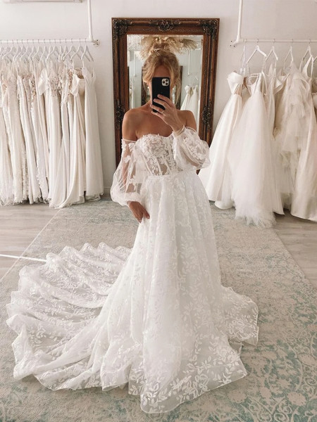 Shop 2023 ANNAKOO Sweetheart A Line Lace Wedding Dress With Detachable Puff Sleeves Under 259
