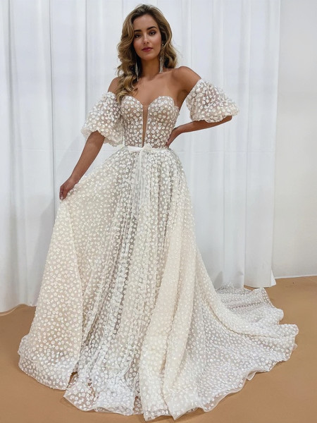 Shop 2023 ANNAKOO A Line Polka Dots Detachable Puff Sleeves Wedding Dress Under 259