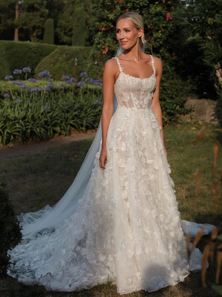 Shop 2023 ANNAKOO Lace A Line Floral Sweep Train Elegant Wedding Dress Under 387