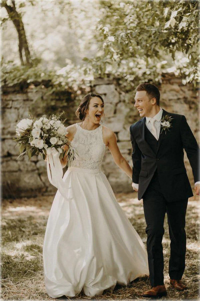 Shop 2023 ANNAKOO  Satin Pockets Crew Neck A Line Button Up Wedding Dress Under 189