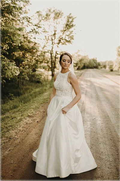 Shop 2023 ANNAKOO  Satin Pockets Crew Neck A Line Button Up Wedding Dress Under 189