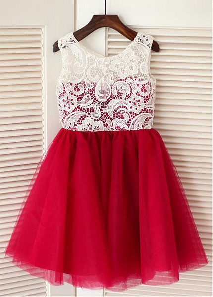 Red Tulle Scoop Neckline A-line Flower Girl Dresses