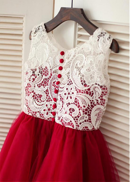 Red Tulle Scoop Neckline A-line Flower Girl Dresses
