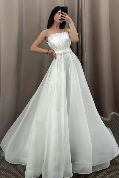 Shop 2023 ANNAKOO Detachable Long Sleeve Tulle Pleats Strapless Wedding Dress Under 195