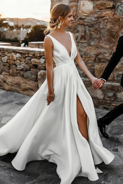 Shop 2023 ANNAKOO V Neck Satin A Line Belt Wedding Dress With Slit Under 148
