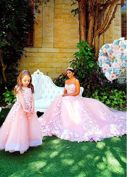 3D Flowers Bateau Cap Sleeves Long Flower Girl Dresses