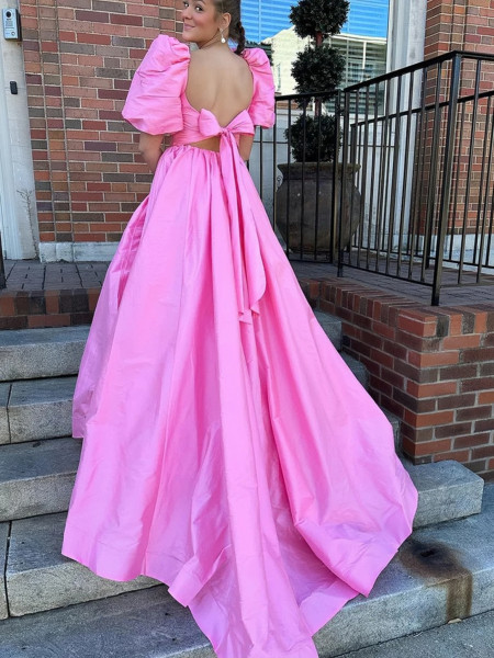 Shop 2023 ANNAKOO Open Back Puffy Sleeve Pink Satin Prom Dress Under 158
