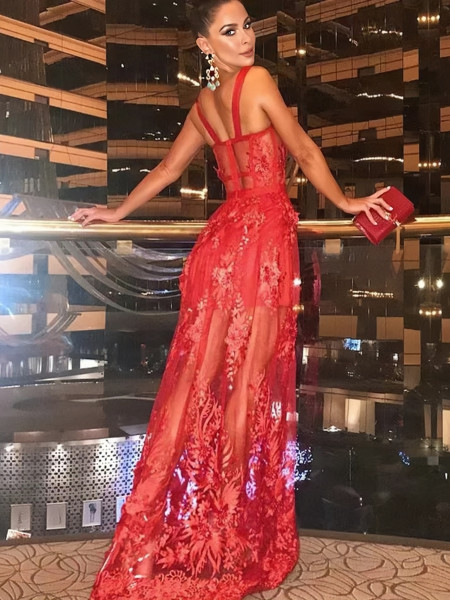 Shop 2023 ANNAKOO Sexy A Line Sheer Red Lace Long Prom Dress Under 159