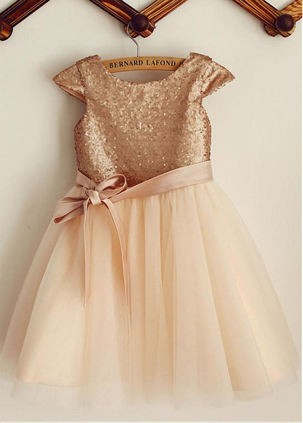 Sequin Tulle Scoop Neckline Cap Sleeves  Flower Girl Dresses