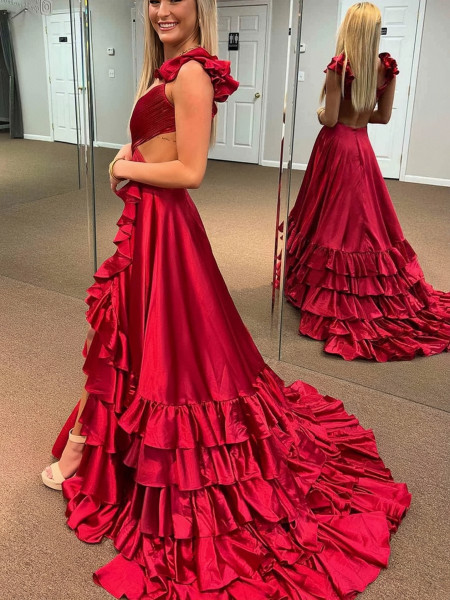 Shop 2023 ANNAKOO Ruffles V Neck Open Back Red Satin Prom Dress With High Slit Under 164