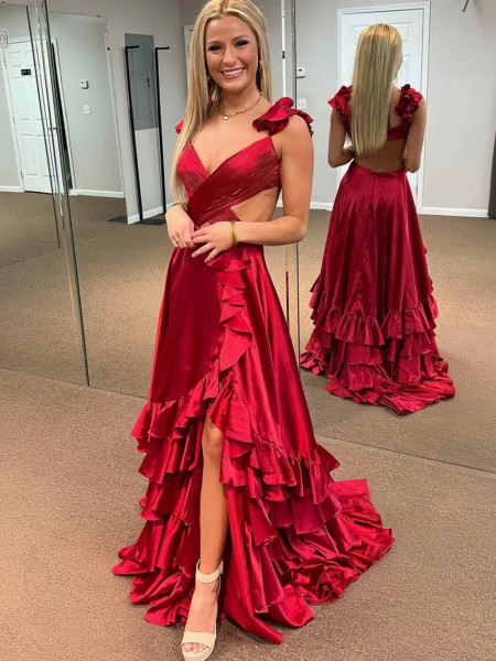 Shop 2023 ANNAKOO Ruffles V Neck Open Back Red Satin Prom Dress With High Slit Under 164