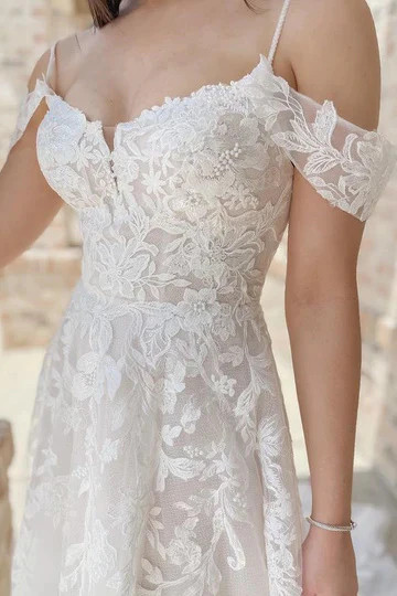 Shop 2023 ANNAKOO Cold-Shoulder A Line Off White Lace Appliques Wedding Dress Under 199