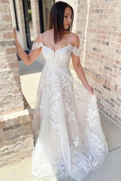 Shop 2023 ANNAKOO Cold-Shoulder A Line Off White Lace Appliques Wedding Dress Under 199