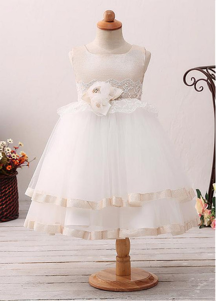 Handmade Flowers Scoop Neckline Ball Gown Flower Girl Dress