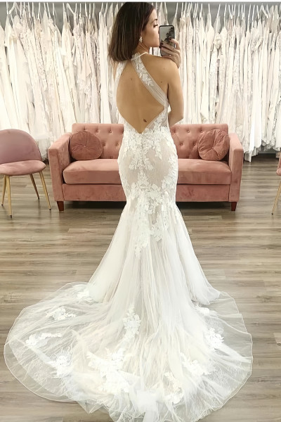 Shop 2023 ANNAKOO Mermaid Tulle Backless Floral Appliques Wedding Dress Under 239