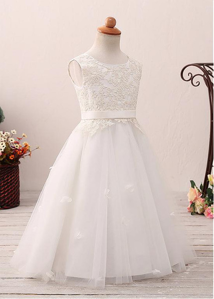 Scoop White Tulle Appliques Sashes Flower Girl Dress
