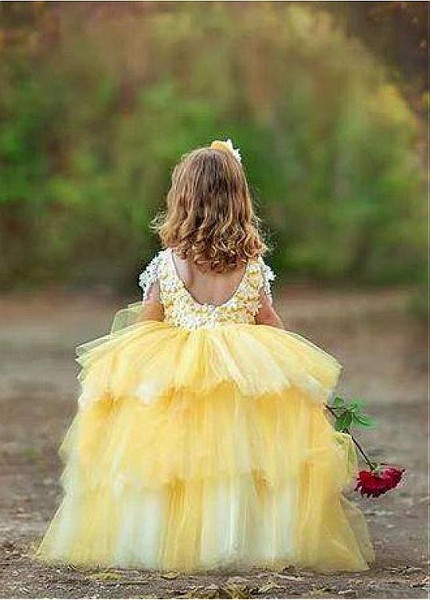 Yellow Ball Gown Flower Girl Dress With Handmade Flowers