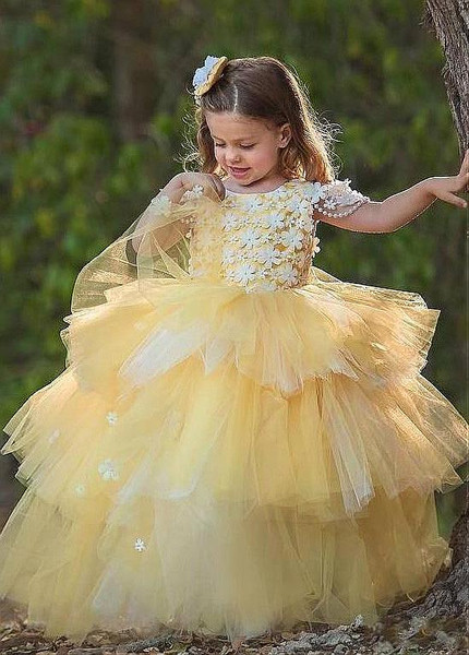 Yellow Ball Gown Flower Girl Dress With Handmade Flowers