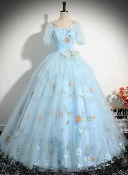 Shop 2024 ANNAKOO Blue Floral Tulle Short Sleeves Ball Gown Sweet 16 Dress Under 188
