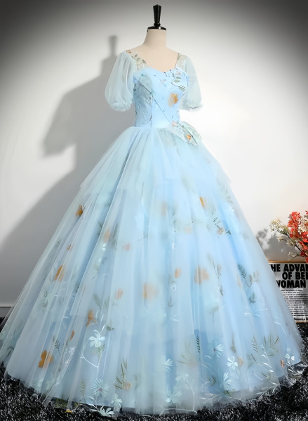 Shop 2024 ANNAKOO Blue Floral Tulle Short Sleeves Ball Gown Sweet 16 Dress Under 188