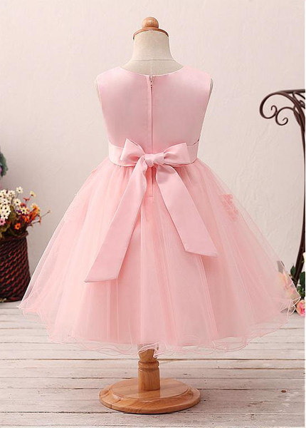 Pink Satin Jewel Neckline A-line Flower Girl Dress With Belt