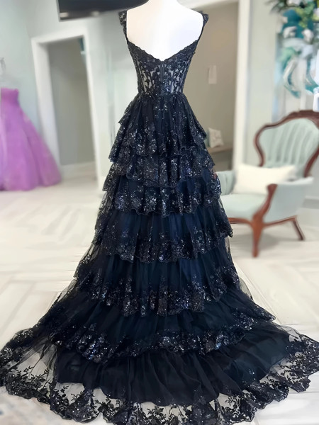 Shop 2024 ANNAKOO  Lace A Line Navy Lace Ruffles Prom Dress With Slit Under 165