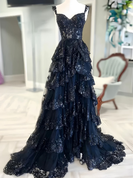 Shop 2024 ANNAKOO  Lace A Line Navy Lace Ruffles Prom Dress With Slit Under 165