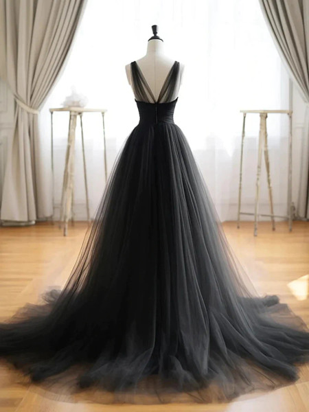 Shop 2024 ANNAKOO A Line V Neck Black Tulle Long Prom Dress Under 159