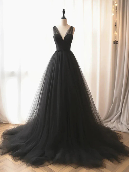 Shop 2024 ANNAKOO A Line V Neck Black Tulle Long Prom Dress Under 159