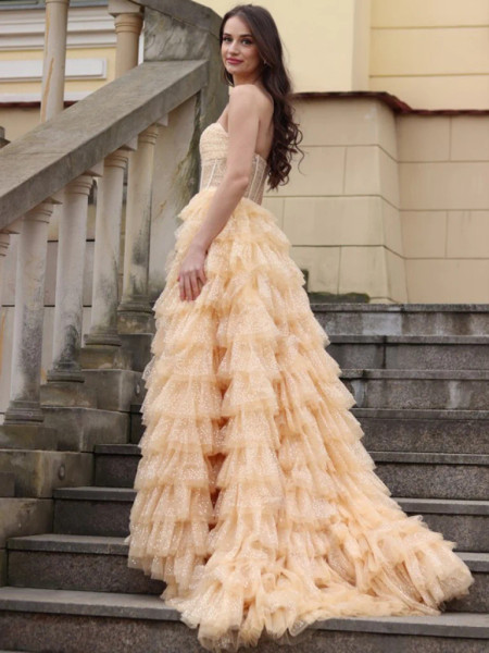 Shop 2024 ANNAKOO Strapless Champagne Layered Sparkle Tulle Prom Dress Under 169