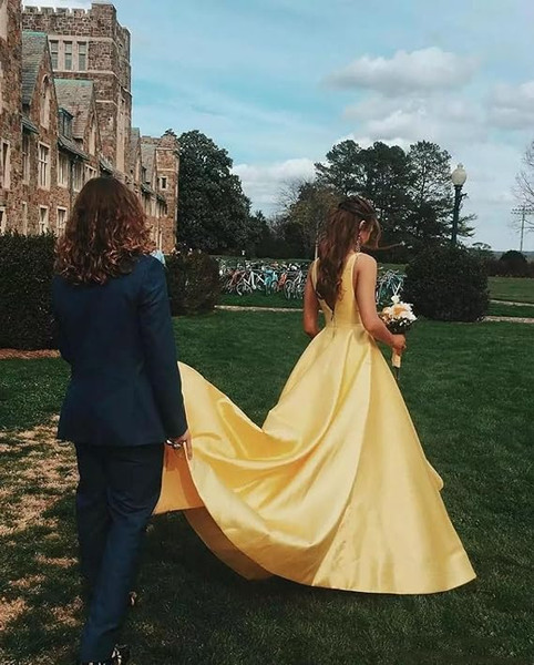 Shop 2024 ANNAKOO Yellow Satin A Line V Neck Prom Dress With Pockets Under 119