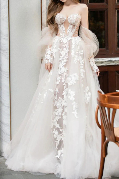 Shop 2024 ANNAKOO Champagne Long Sleeve Tulle Appliques Tulle Wedding Dress Under 218