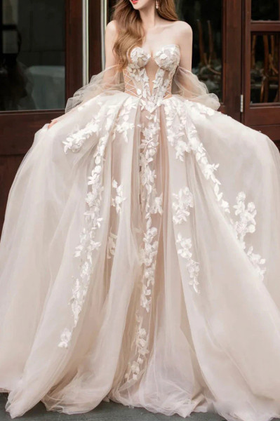 Shop 2024 ANNAKOO Champagne Long Sleeve Tulle Appliques Tulle Wedding Dress Under 218