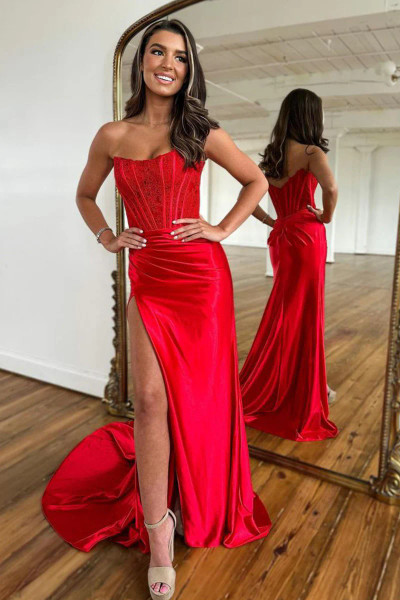 Shop 2024 ANNAKOO Red Sweetheart Satin Sheath Column Prom Dress With Slit Under 158