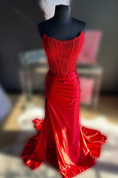Shop 2024 ANNAKOO Red Sweetheart Satin Sheath Column Prom Dress With Slit Under 158